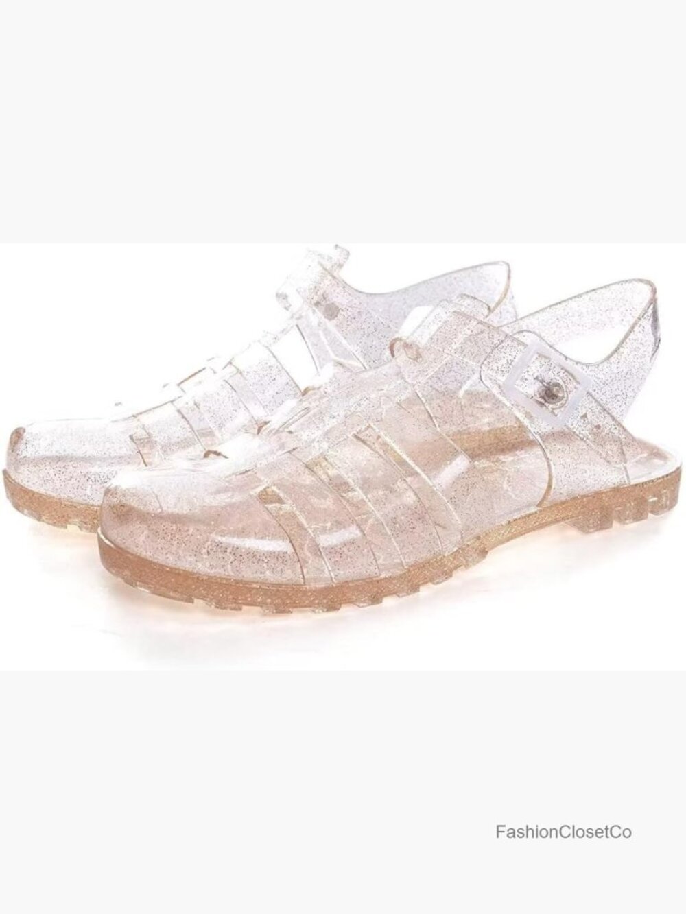 Women Jelly Sandals Adjustable Buckle T-Strap Round Toe Slingback Bling Flats